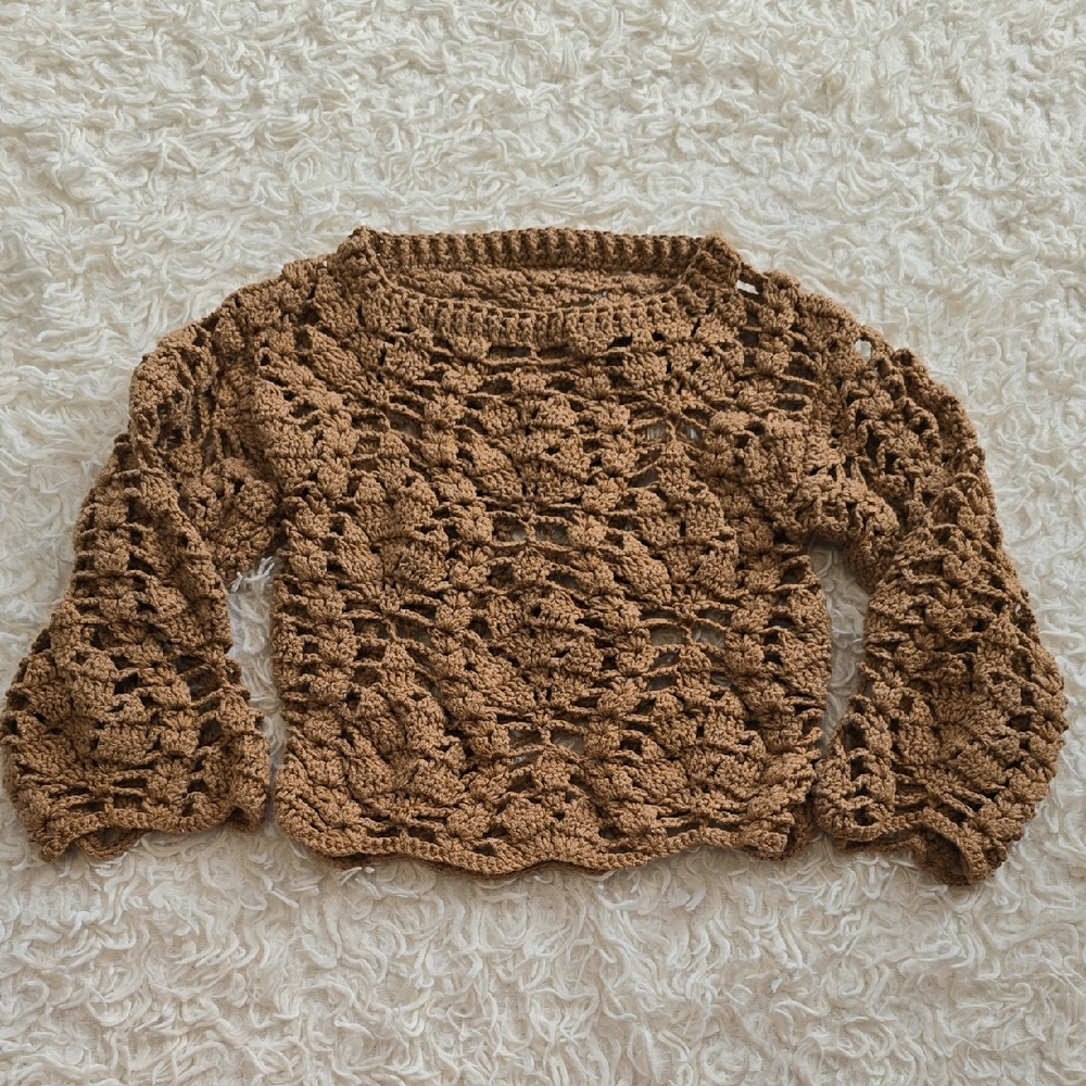 Girls Crochet Openwork Sweater, Brown